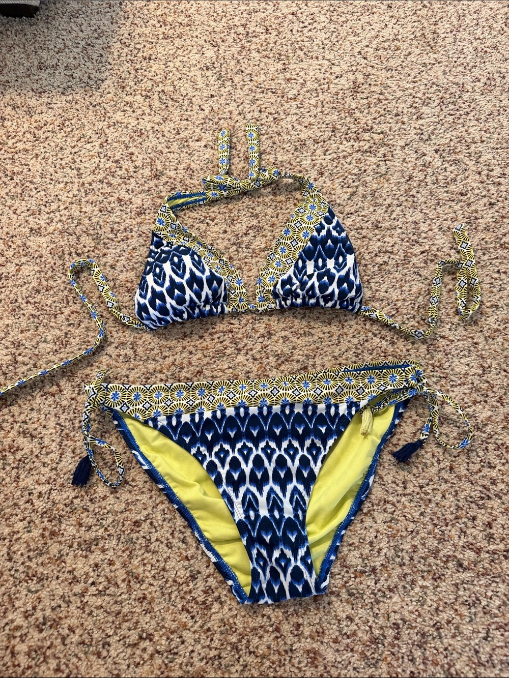Blue Ikat Pattern Triangle Bikini with Yellow Trim